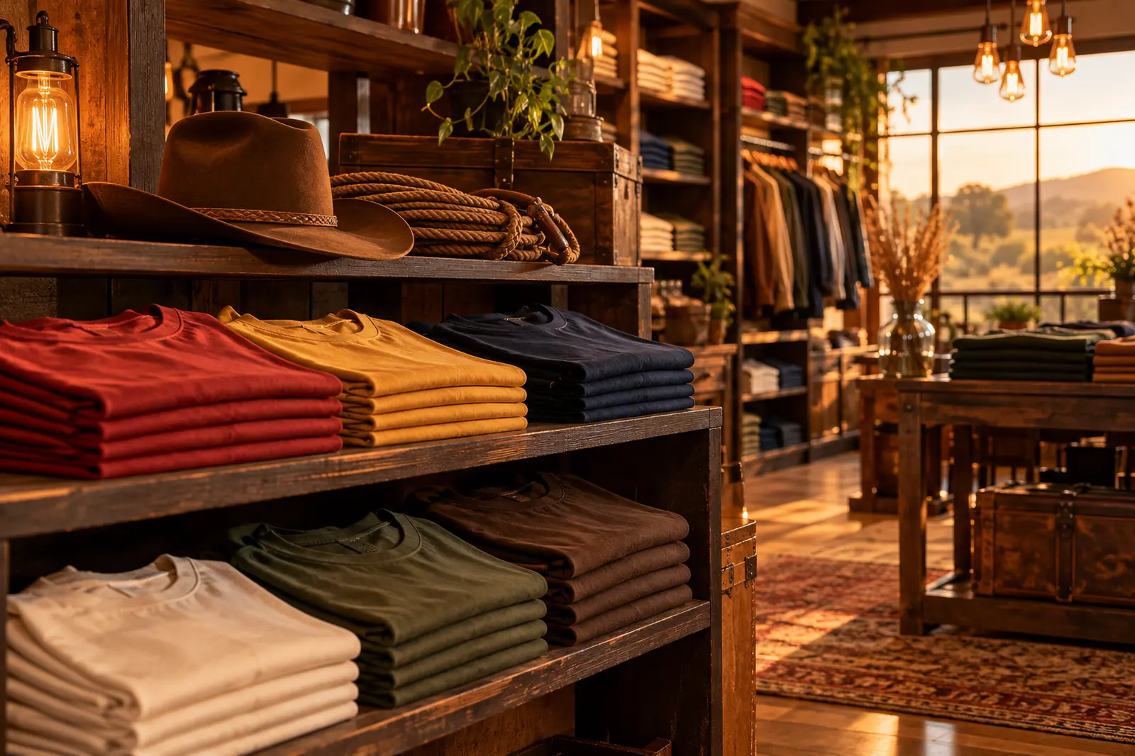 Estante rústica de madeira com pilhas de camisetas Malta Roots em várias cores