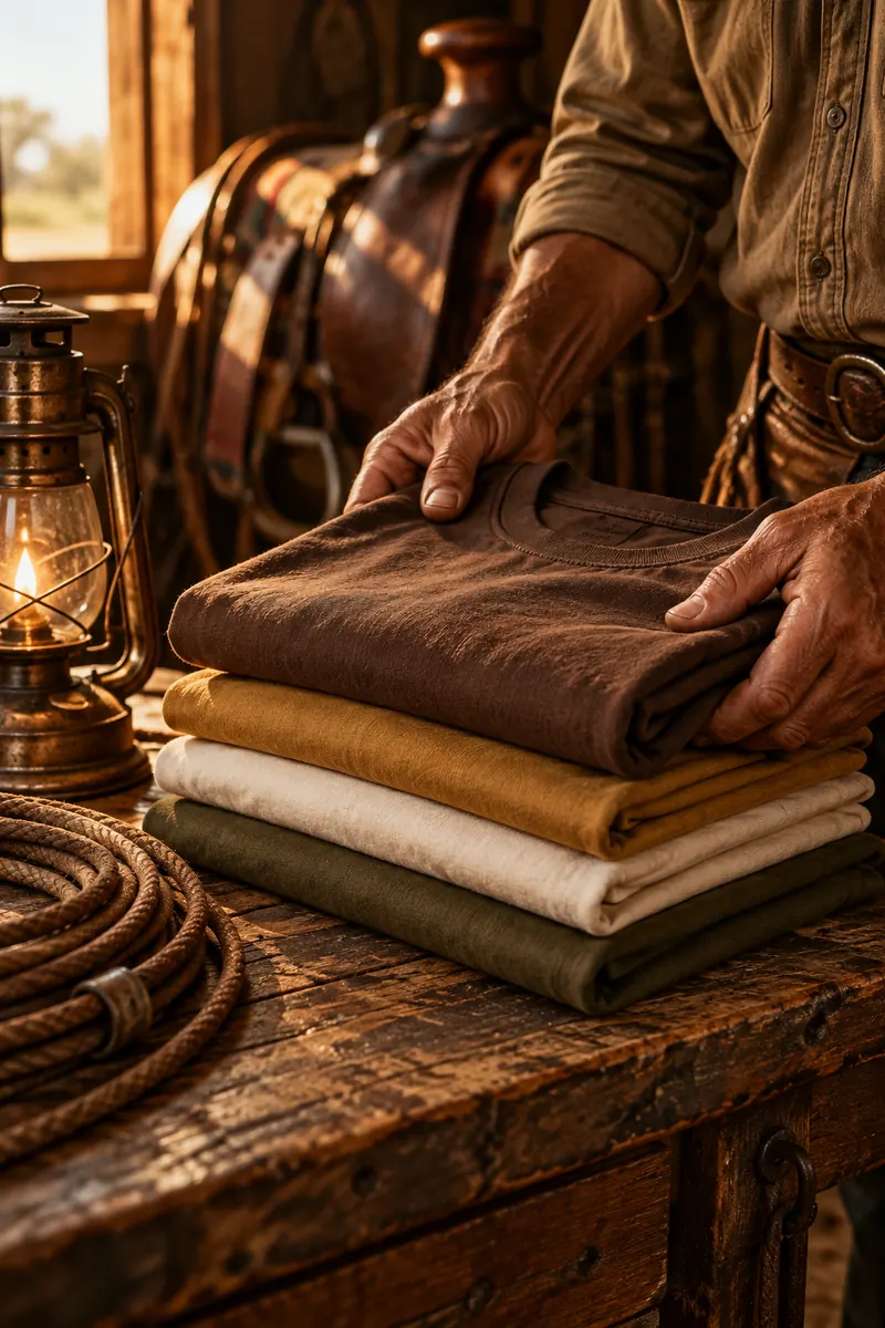 Mãos dobrando camisetas Malta Roots em tons terrosos sobre bancada de madeira, ao lado de um laço e um lampião