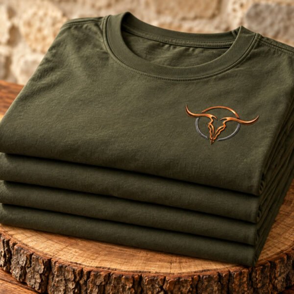 Camisetas verde-militar dobradas com pequeno crânio de touro em cobre no peito, sobre tronco de madeira