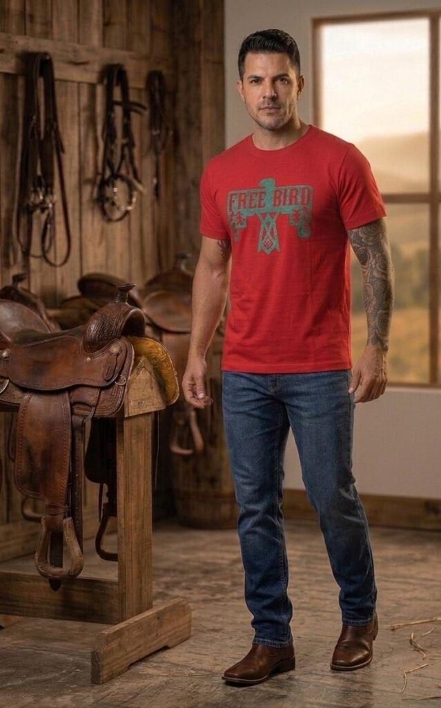 Homem de camiseta vermelha Free Bird com águia estilizada em turquesa, ao lado de uma sela