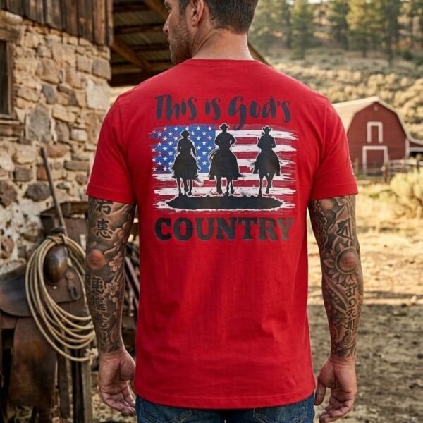 Costas da camiseta vermelha God's Country com três cavaleiros sobre a bandeira americana