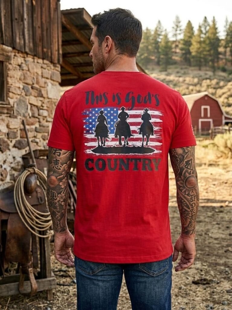 Costas da camiseta vermelha God's Country com três cavaleiros sobre a bandeira americana