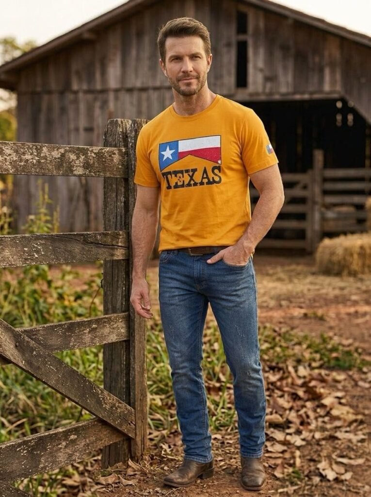 Homem de camiseta mostarda Lone Star Texas com bandeira do Texas no peito, ao lado do curral