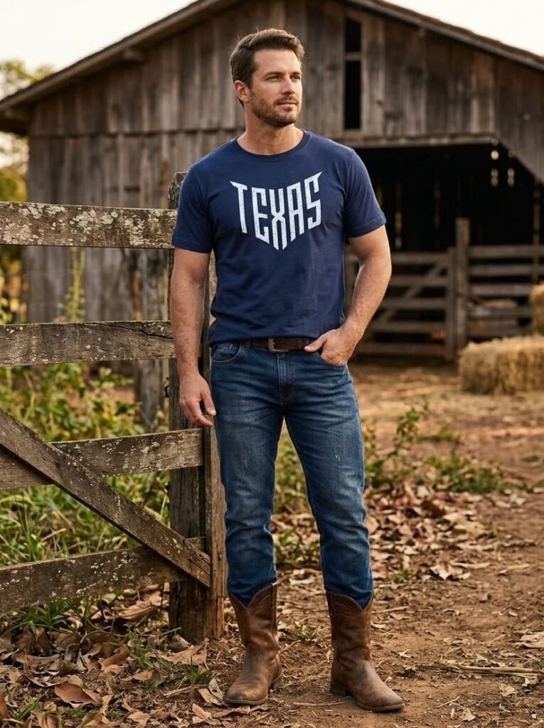 Homem de camiseta azul-marinho Texas Shield encostado na porteira de um curral